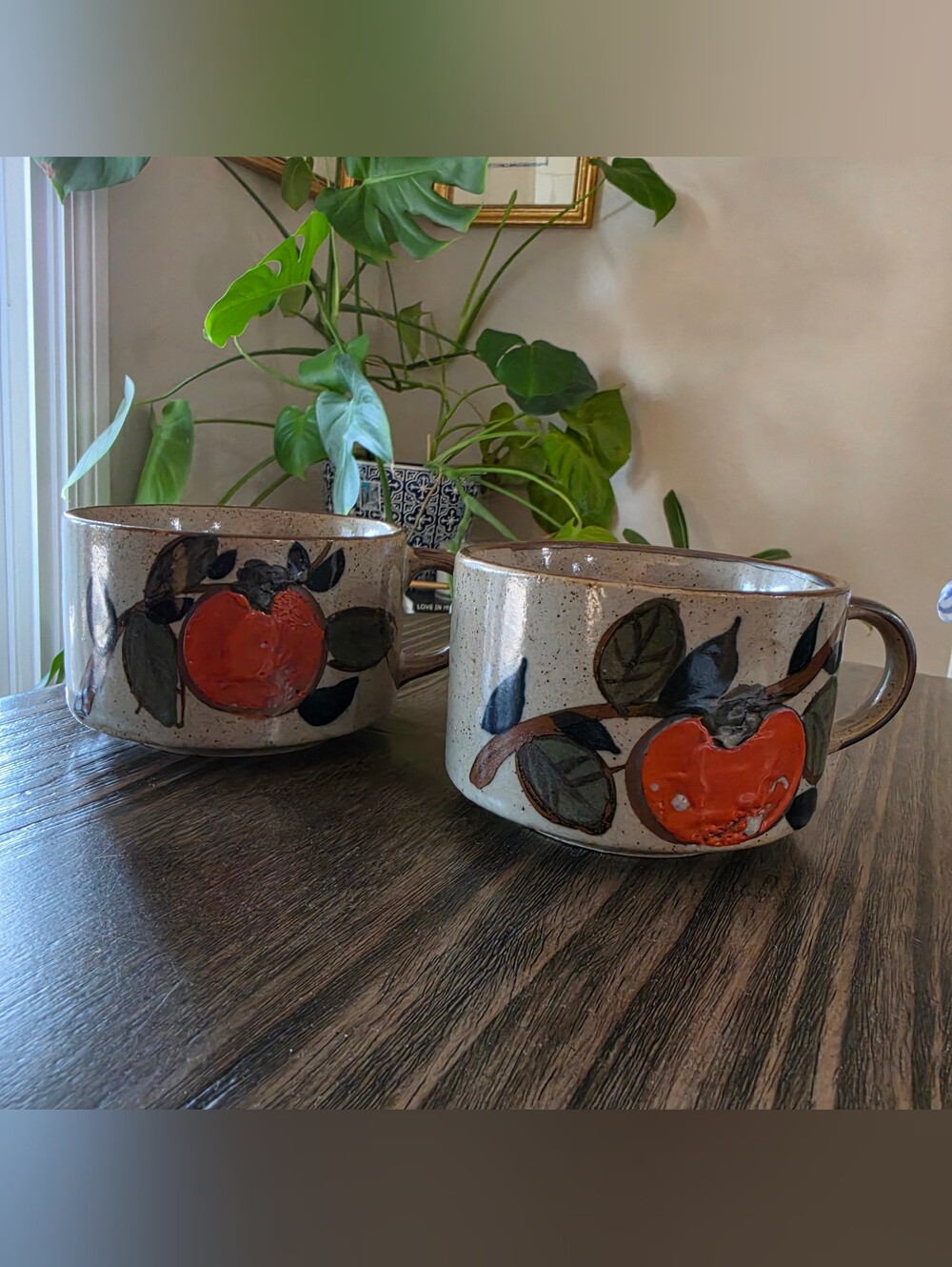 Vintage Handcrafted Ceramic Fruit Motif Mugs Orange